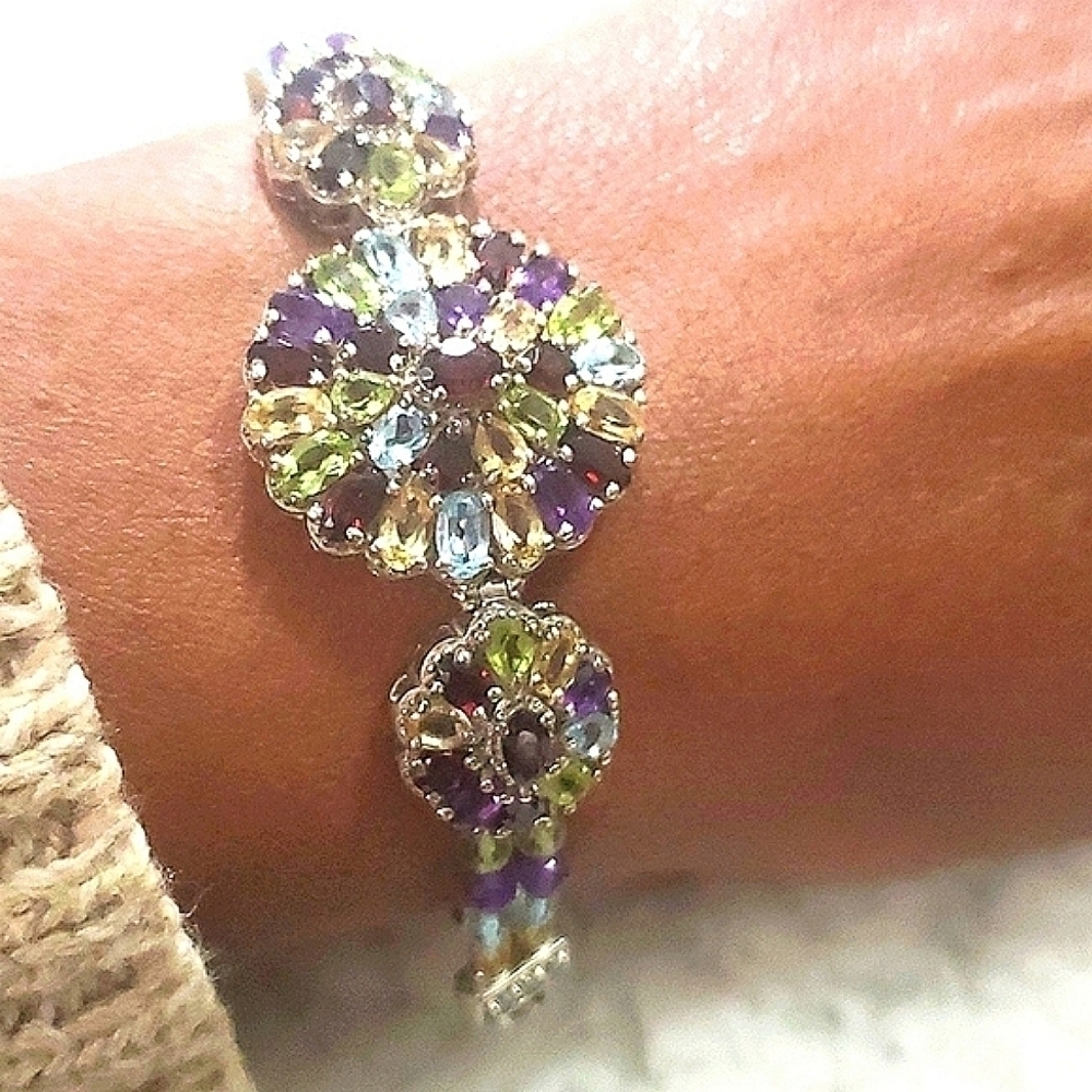 Multigemstone Medallion Cocktsil Toggle Bracelet in Sterling Silver 14.20ctw - Picture 5 of 8